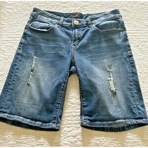 Seven 7 Womens Bermuda Denim Shorts Size 10 Distressed Blue Dark Wash Stretch